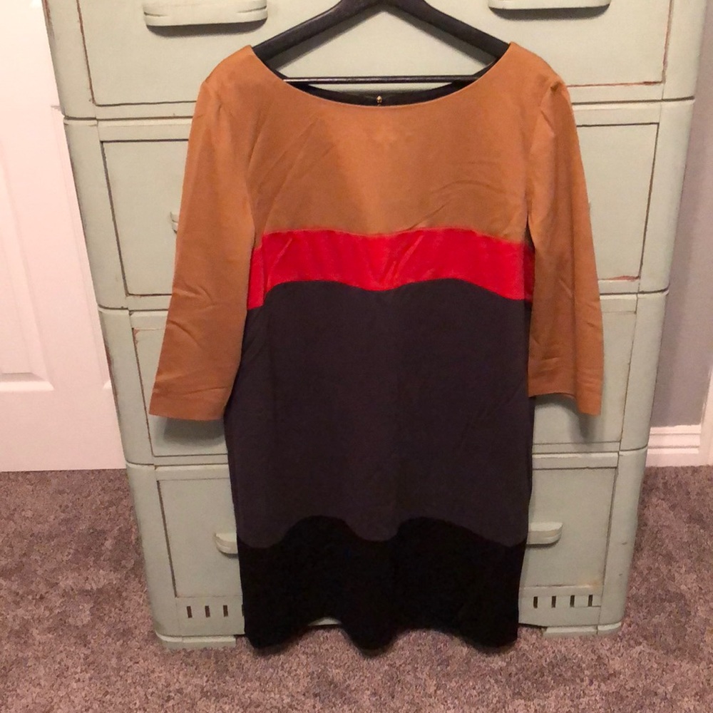 Tahari ASL Arthur S. Levine tan red gray black 3/4 sleeve shift dress size 16